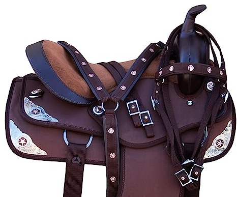 Selle de cheval Western Cordura synthétique Pleasure Trail Barrel Racing Tack Set Silver Crystal Conchos Brown Kids Adult Seat 25,4 cm à 45,7 cm