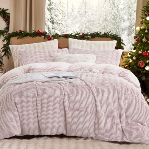 Lanqinglv Set di Biancheria da Letto in Plüsch 135x200 4 Pezzi Rosa, Morbido e Soffice, in Lana Lunga, Pelliccia Artificiale, Biancheria da Letto per l'Inverno, Calda, in Flanella, Fleece, Cashmere
