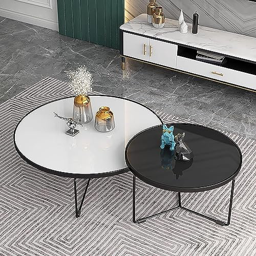 CATANK 2er-Set runder Satztisch aus Glas, Wohnzimmer-Mitteltisch mit schwarzem Metallrahmen, moderner Beistelltisch, Schwarz + Weiß (Größe: 90 x 90 x 37 cm + 70 x 70 x 45 cm) (90 x 90 x 3