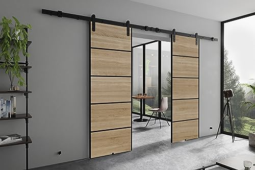 KIER FURNITURE AURA DUO PLUS Schiebetüren – Schiebetür Komplettset Schiene Komplettset Mit Tür – Zimmertüren Mit Zarge Komplett - B152xH205xT1,6 cm - Sonoma-Eiche