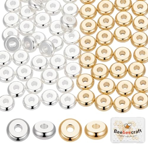 Beebeecraft 1 Scatola 80 Pezzi 2 Colori Perline Piatte Rotonde Distanziatrici da 6 mm Disco Piatto in Acciaio Inossidabile Placcato Oro 18K Heishi Perline Sfuse per Creazione di Braccialetti Collane