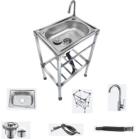 DIIDIIFF Einzelbecken-Edelstahlspüle, Küchenspüle, freistehende Spüle, mit Spüle, Warm- und Kaltwasserhahn, Teleskopablauf, geeignet für Küche, Hotel, Werkstatt, Garten, Restaurant, Außenbereich