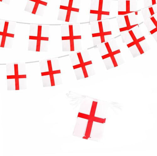 Banderas de Inglaterra con cruz de San Jorge – 10 m, 30 banderas, 14 x 21 cm para fiestas, deportes, jardines