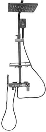 Duscharmatur mit Thermostat, Duscharmatur Komplettset mit Eckig Regendusche, Duschsystem-Set mit LED-Anzeige, Höheverstellbarer Duschstange, Duschsystem mit Duschpaneel (4 Wassermodi)