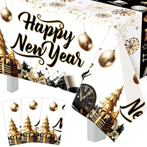 Fancy Land Happy New Year Tablecloths 3 Pack New Years Eve Party Supplies 2025 Gold Black White Tablecloths for Rectangle Tables Happy New Years Decorations 2025