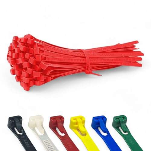 100 Pack of 250mm x 7.6mm Releasable Cable Ties Red Heavy Duty Reusable Strong Nylon Zip Tie