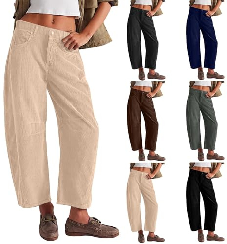 MASUCOR Women's Baggy Corduroy Pants Barrel Cropped Pants Elastic Mid Waist Cord Pants Work Business Casual Wide Leg Trouser Vintage Barrel Jeans Elegance Comfortable