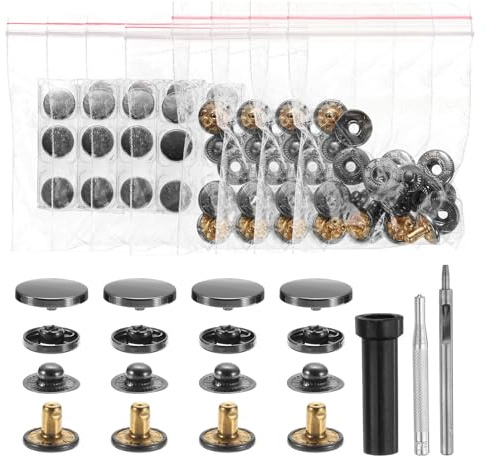 sourcing map 24 Set Leather Snap Fasteners Kit 20mm Metal Snap Button Press Studs Leather Rivets Snaps with 3 Setter Tools for Clothes Jackets Jeans Wears Bags, Gun-Black