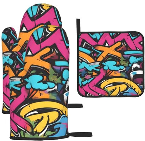 YYHHAOFA Lot de 3 gants de cuisine imperméables et durables pour four et manique pour isolation thermique Motif graffiti skateboard