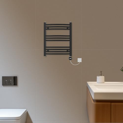 NRG 600x500mm Prefilled Electric Thermostatic Heated Towel Rail Curved Bathroom Warmer with Touch Screen Display Wall Mounted Black 400W