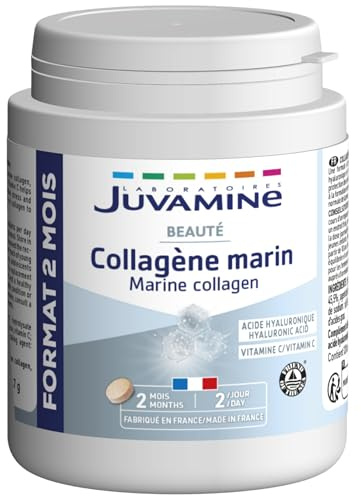 JUVAMINE - Collagène Marin et Acide Hyaluronique - Vitamine C - Beauté - Peau et Articulations - Programme de 2 mois - 120 Comprimés - Fabriqué en France