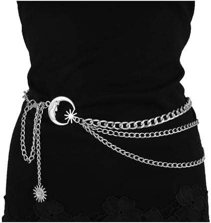 JJDreams Retro Mehrlagige Taillenkette Boho Silber Mond Kettengürtel Einstellbar Bauchkette Y2K Waist Chain Verstellbare Hüftkette für Damen