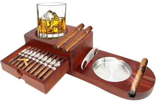 jianghinice Cigar Ashtray Coaster Whiskey Glass Tray and Wooden Ash Tray with Cigar Cutter, Include Drawer and Slot to Hold Cigar, Gift for Men, Dad, Decor for Home, Office or Bar