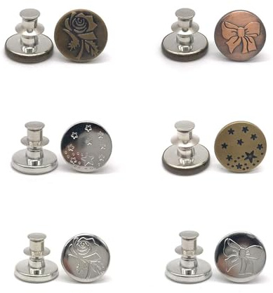 6-Pack No-Sew Jean Button Pins, Adjustable Waist Tightener | A 6-pack of no-sew jean button pins that adjust waistbands by up to 5 cm without tools, for jeans, skirts, and trousers.