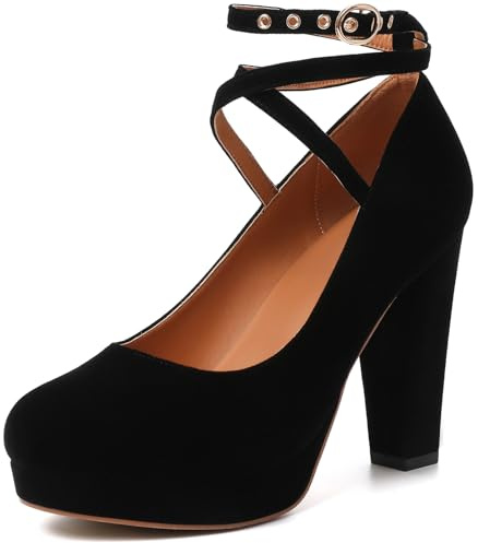 Mostrin Black Chunky High Heels for Women Sexy Closed Toe Platform Pumps with Buckle Strap Mary Jane Dress Shoes for Formal Prom Party Size 7
