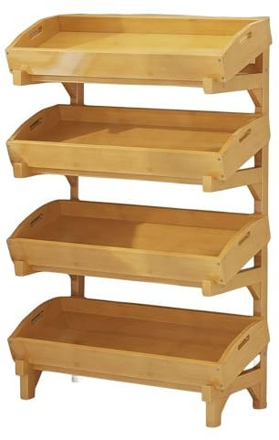 GAOCUNBING Présentoir en bois à 4 niveaux pour supermarché, grande capacité pour fruits, légumes, rangement vertical avec plateau amovible, couleur bois, 4 couches