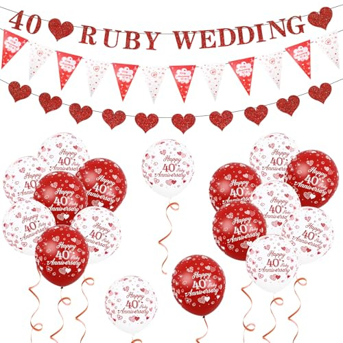 HZHSGLY 40th Wedding Anniversary Decorations, Ruby Wedding Anniversary Decorations Including White and Red Balloon Heart Shaped Banners and Colorful Flags for Party Decorations(Red)