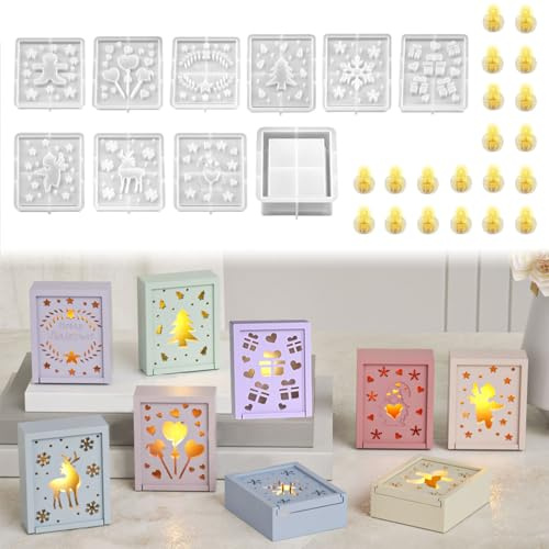 10er Geschenkkarton Silikonform Weihnachten mit 20 LED Ballonlichter | Silikonformen Gießformen Weihnachten Gießformen Silikon Weihnachten Gießform Weihnachten mit Elch Baum Stern Gips zum Gießen