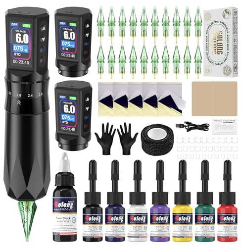 Solong Tattoo Maschine Set, Einsteiger Tätowier Set mit 7 einstellbaren Hublängen, 2x 1600mAh Akkus, Tätowiernadeln, Tätowiertinte, Transferpapier, Griffschutz & Zubehör, kabelloses Rotary Tattoo Kit