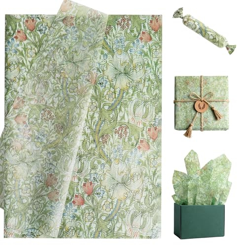 100 Sheets 20 x 14Inch Sage Green Lily Flowers Tissue Paper for Gift Wrapping Colorful Floral Printed Tissue Paper for Boho Themed Birthday Party Baby Shower Wedding DIY Craft Supplies