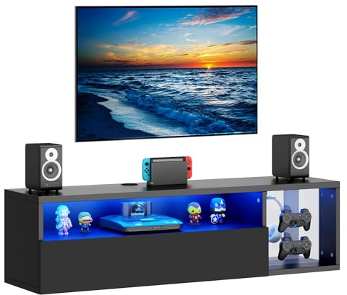 SogesPower LED TV-Konsole wandmontiert mit Beleuchtung LED TV-Ständer mit Aufbewahrung, Schwebendes Regal für Wohnzimmer & Schlafzimmer |Schwarz 100x28.5x30 cm