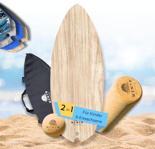 Ninja Balance Board | Balance Board + Korkrolle, Ball, Tasche Gleichgewichtstrainer für Kinder & Erwachsene 100% Holz in Rocker shape - Indoor Surfing Board Fitness Trickboard Core Training | Natur