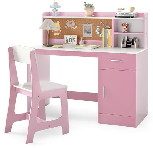 COSTWAY Juego de Escritorio y Silla para Niños, Mesa Infantil de Madera con Estantes, Cajón, Gabinete, Escritorio y Silla Juvenil para Dormitorio Hogar Escuela (Rosa)