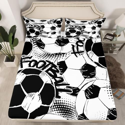 Spannbettlaken 90x200 cm Fußball Weiches Mikrofaser 3D Bettlaken Spannbetttuch für Kinder Erwachsene, Schwarz-Weiß Bettlaken 90x200 Tiefe Tasche 30 cm Mit 2 Kissenbezügen 80x80 cm R451