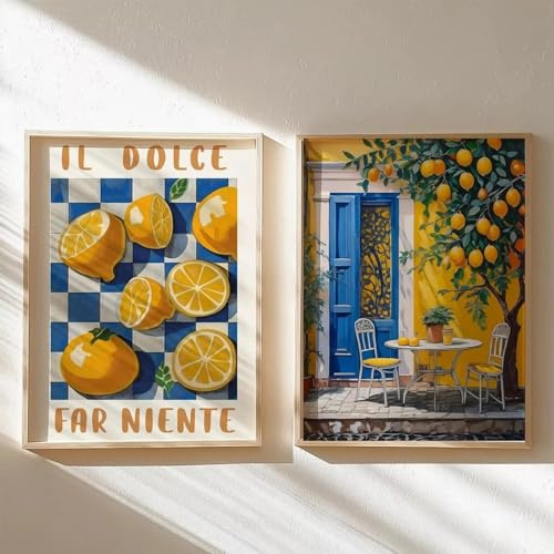 2er Zitronen Bilder Set Poster, Moderne Bilder Wohnzimmer Wandbilder Aesthetic Leinwand Poster Italien Landschaft Zitronenbaum Druck Bild Schlafzimmer Wanddeko ohne Rahmen für Wandkunst (50x70 CM)