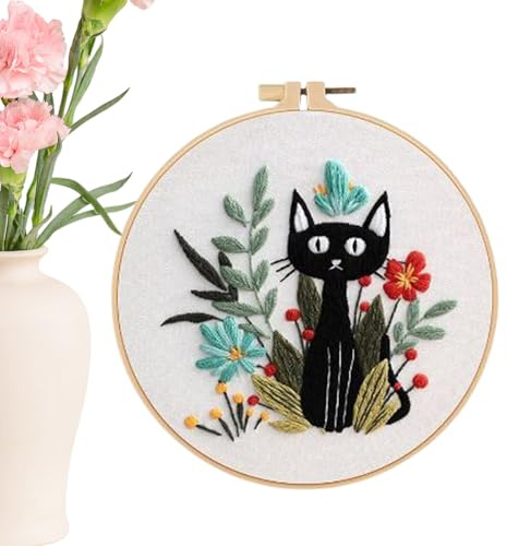 Nybroderi Kit För Nybörjare - Katt Stämplad Broderi Kit Nybörjare Med | Needle Thread Hoop Set Hantverksmaterial För Resa Broderi - Konstklass Projekt Jul Halloween