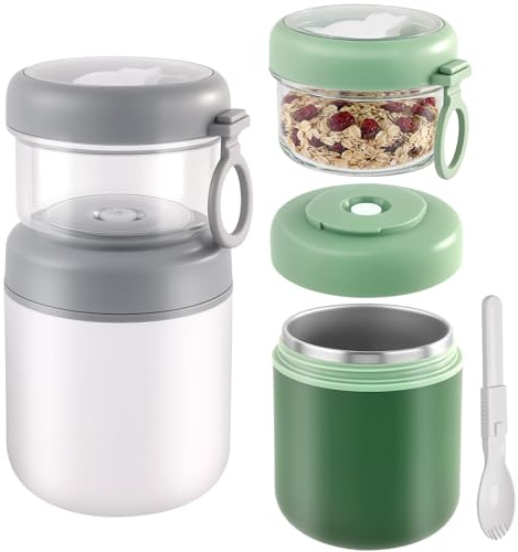 Aevcvok Set di 2 Porta Yogurt e Cereali 500ml+320ml,Vasetti di Yogurt Cereali a Doppio Strato,Overnight Oats Jars con Coperchio e Cucchiaio,Portatile Meal Prep Contenitore Porta Avena(Grigio+Verde)