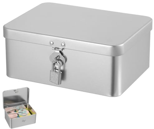 Veemoon Medium Silver Tinplate Metal Storage Box with Hinged Lid and Original Lock, Rectangular Desktop Organizer for Small Tools, Snacks, and Home Storage