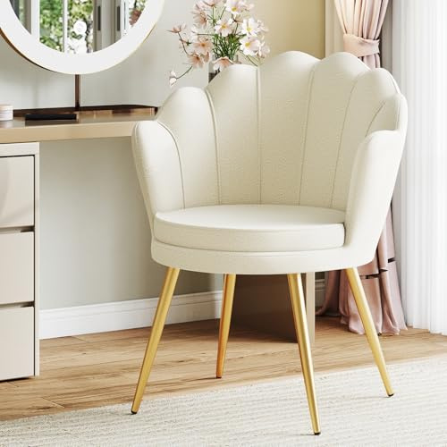 Ckaff Schminktisch Stuhl, Esszimmerstühle aus Bouclé, Muschelsessel mit Blütenblatt-Rückenlehne, Polstersessel Stuhl Schminktisch mit Gold Metallbeinen für Schlafzimmer Esszimmer Wohnzimmer, Weiß