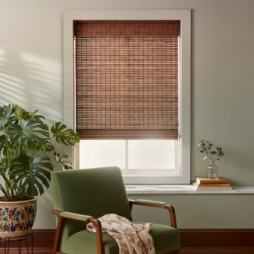 MOOD Bamboo Shades | Rustic | Cordless Bamboo Roman Shades for Windows and Doors (Natural Woven) | Rustic Walnut Express (Great Privacy) | 58 W x 48 H