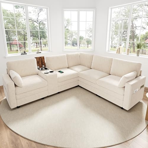 Trdlpyn Divano Angolare a 5 posti con Porte USB e Portabicchieri, Consolle Centrale Reversibile con Spazio di Archiviazione, Divano modulare a L per Soggiorno e Camera da letto, Beige