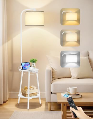 OUTONLIFE Stehlampe mit Tisch & Regal, Dimmbar LED mit Fernbedienung, 3 Farbtemperaturen, Beistelltisch mit USB-Ladefunktion für Wohnzimmer Schlafzimmer Büro (Weiß mit Rundtisch)