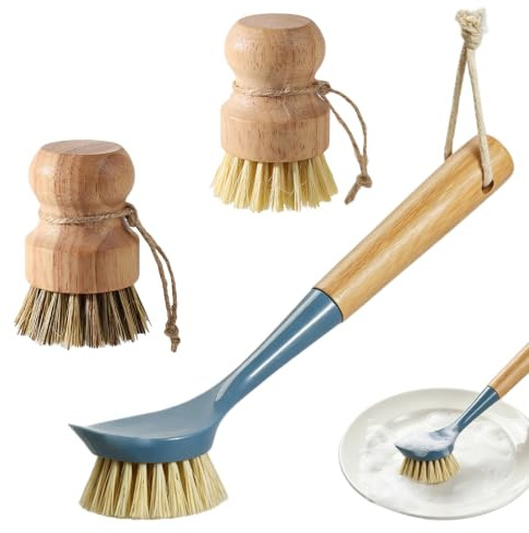 Foonary 3 Pezzi Spazzola Stoviglie, Stoviglie Spazzola Stoviglie Legno Rotondo | Spazzola a manico in bambù lungo, spazzola a fungo, Sisal naturale per stoviglie casseruole, padelle per verdure, lavello