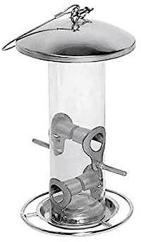 dobar® 10089 Vogelfuttersäule mit Edelstahlschlaufe - Futterstation für Wildvögel - Futterspender Acryglassilo für Sämereien - Futtertablet Stahl für Garten/Terrasse/Balkon - Ø 14 cm x 26 cm - Silber