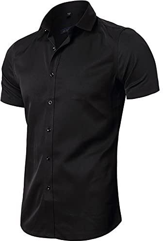 Camiseta Elástica de Vestir Hombre, Manga Corta, Slim Fit, T-Shirt Bambú Fibra Elástica Casual/Formal Ambos Disponible, Negro, 43 (Hombro 50CM, Pecho 116CM)