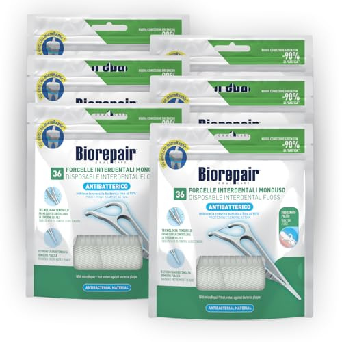 Biorepair, Engångs interdentgafflar med Microrepair® för vanliga och smala utrymmen, för munhygien, reparationsglasyr, fräsch mint arom, förpackning med 6 x 36 stycken