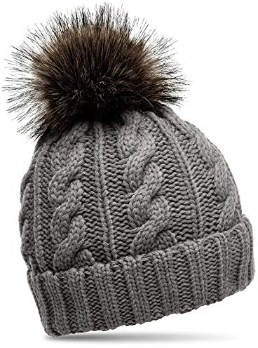 Caspar MU104 Damen Strickmütze mit Fellbommel, Farbe:grau, Größe:One Size