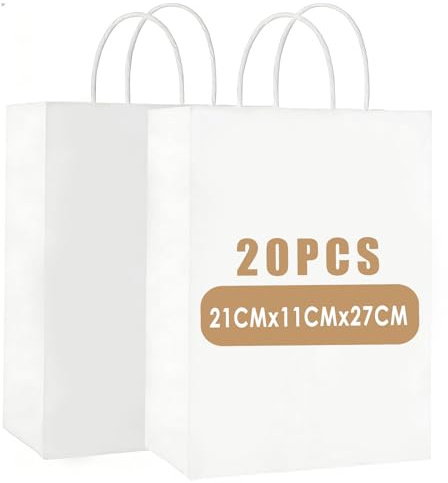 Gaoyong 20 st vita presentpåsar 20 x 4,3 x 10,6 tum hantverksväskor med handtag för livsmedelsaffär, bakning, shopping, varor, butik, detaljhandeln (130 GSM, 21 x 11 x 27 cm)
