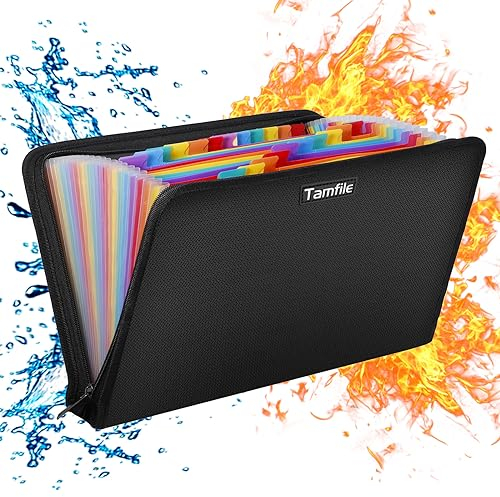 Tamfile Dokumentenmappe A4, 24 Fächern Fächermappe Ordner Organizer Feuerfeste Wasserfest, Aktenordner Sortiermappe mit Reißverschluss, Erweiterbar Ordnungsmappe Mappe für Büro, Hause und Schule