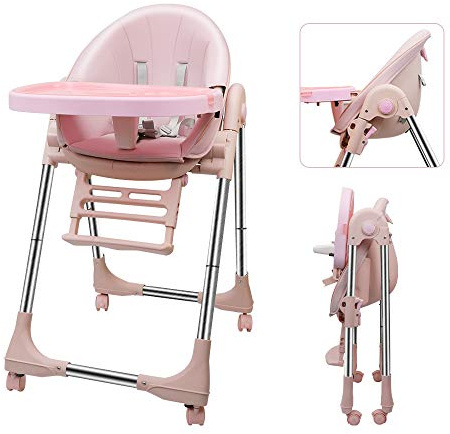 OUNUO Baby Hochstuhl Vertehllbar und Klappbar kinderhochstuhl mitwachsend Kindersitz Kinderstuhl mit Sicherheitsgurt 6 Monaten bis 3 Jahre PU Leder Kissen (Rosa)