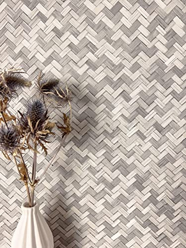 Newroom Vliestapete Grau Rattan Optik Landhaus Tapete Wohnzimmer | Geflochtene Fischgrätstruktur, Korbrelief, helles Grau-Beige, Boho, Skandinavisch, Mustertapete, Schlafzimmer, Flur