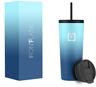 IRON °FLASK Classic Tumbler - Vacuum Insulated Stainless Steel Water Bottle, Double Walled, Drinking Cup, Insulated Travel Mug (Blue Waves, 24 oz Solid Lid)