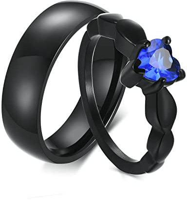 Gualiy Edelstahl Verlobungsringe Paar, Verlobungsring für Sie Und Ihn 6MM Schwarzer Ring mit Blau Zirkonia Herz Ring Damen 52 (16.6) & Herren 60 (19.1)