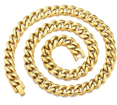 Philip Jones Men's 12mm Gold Plated Stainless Steel Curb Chain Necklace 18 20 22 24 Inch
