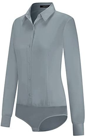Tapata camicetta da donna con bottoni, pezzo unico, maniche lunghe, camicia da lavoro solida per l'ufficio, top casual, Grigio chiaro, XXL