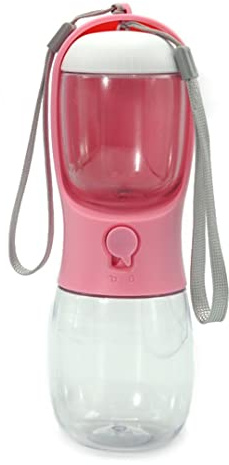 LOVE HEALS Borraccia Portatile per Cani 2 in 1 | Bottiglia Dosatrice Multifunzione per Acqua e Cibo da 300 ml + 100 gr (Rosa)